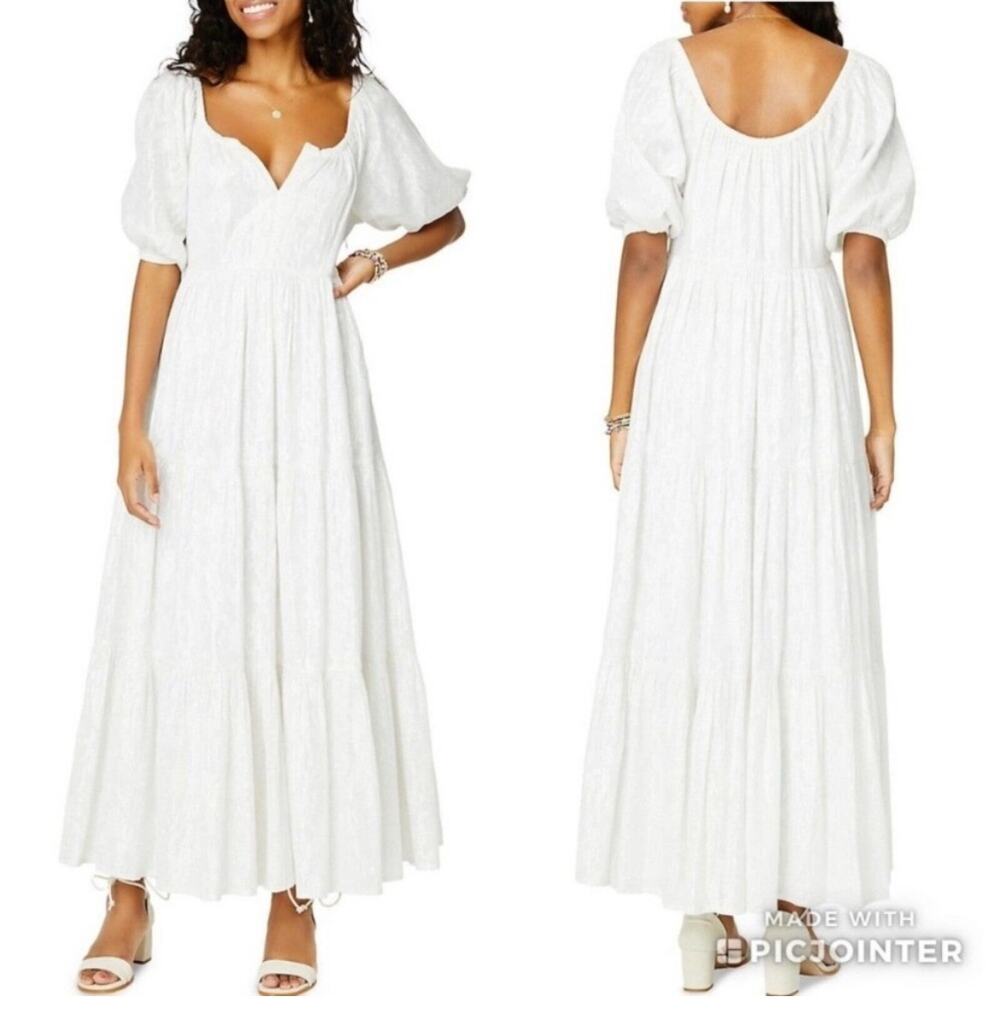 ROLLER RABBIT Zara Dress Lurex Fil Coupe Cotton Half Sleeves White Silver NEW